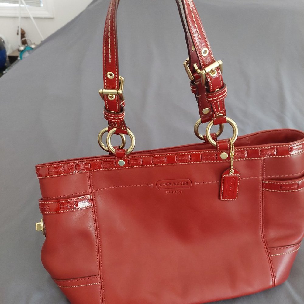 Coach Red Leather Tote Bag with Gold Hardware